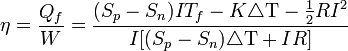  \eta=\frac{Q_f}{W}=\frac{(S_p-S_n)IT_f-K\triangle\mathrm{T}-\frac{1}{2}RIˆ2}{I[(S_p-S_n)\triangle\mathrm{T}+IR]}\,