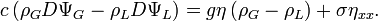 c\left(\rho_G D\Psi_G-\rho_L D\Psi_L\right)=g\eta\left(\rho_G-\rho_L\right)+\sigma\eta_{xx}.\,