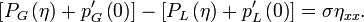 \left[P_G\left(\eta\right)+p'_G\left(0\right)\right]-\left[P_L\left(\eta\right)+p'_L\left(0\right)\right]=\sigma\eta_{xx}.\,
